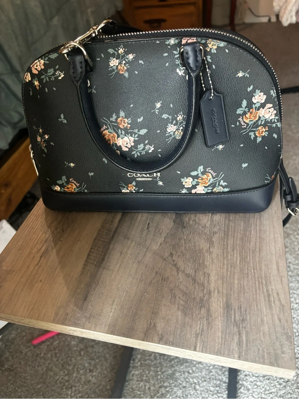 Structured Floral Dome Satchel Handbag - Blue with Pink Floral Print